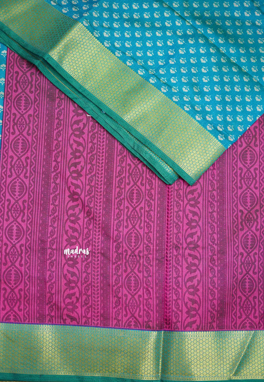 Rathi - Dual shade Semi Mysore silk with Bagru pattern - Aqua Blue