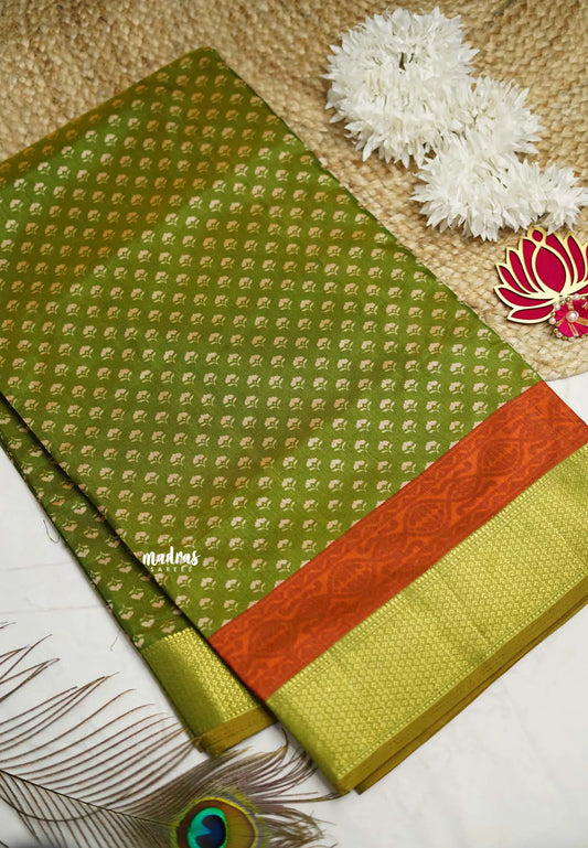 Rathi - Dual shade Semi Mysore silk with Bagru pattern - Olive Green