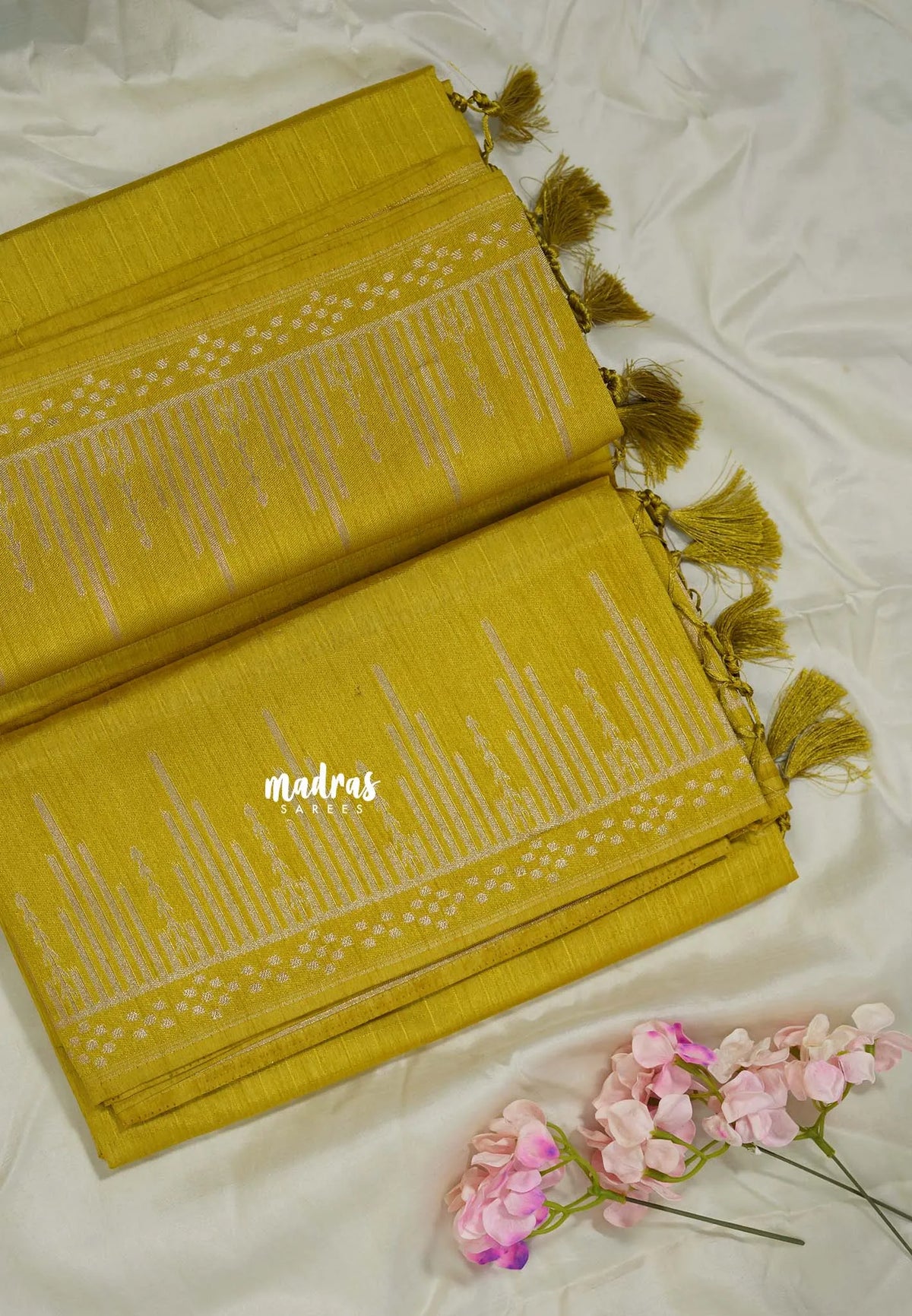 Greenish Yellow - Raaga - Raw Mango Tussar Silk with Stripe Temple Border and Piping - Best for Pooja Days