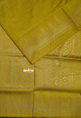 Greenish Yellow - Raaga - Raw Mango Tussar Silk with Stripe Temple Border and Piping - Best for Pooja Days