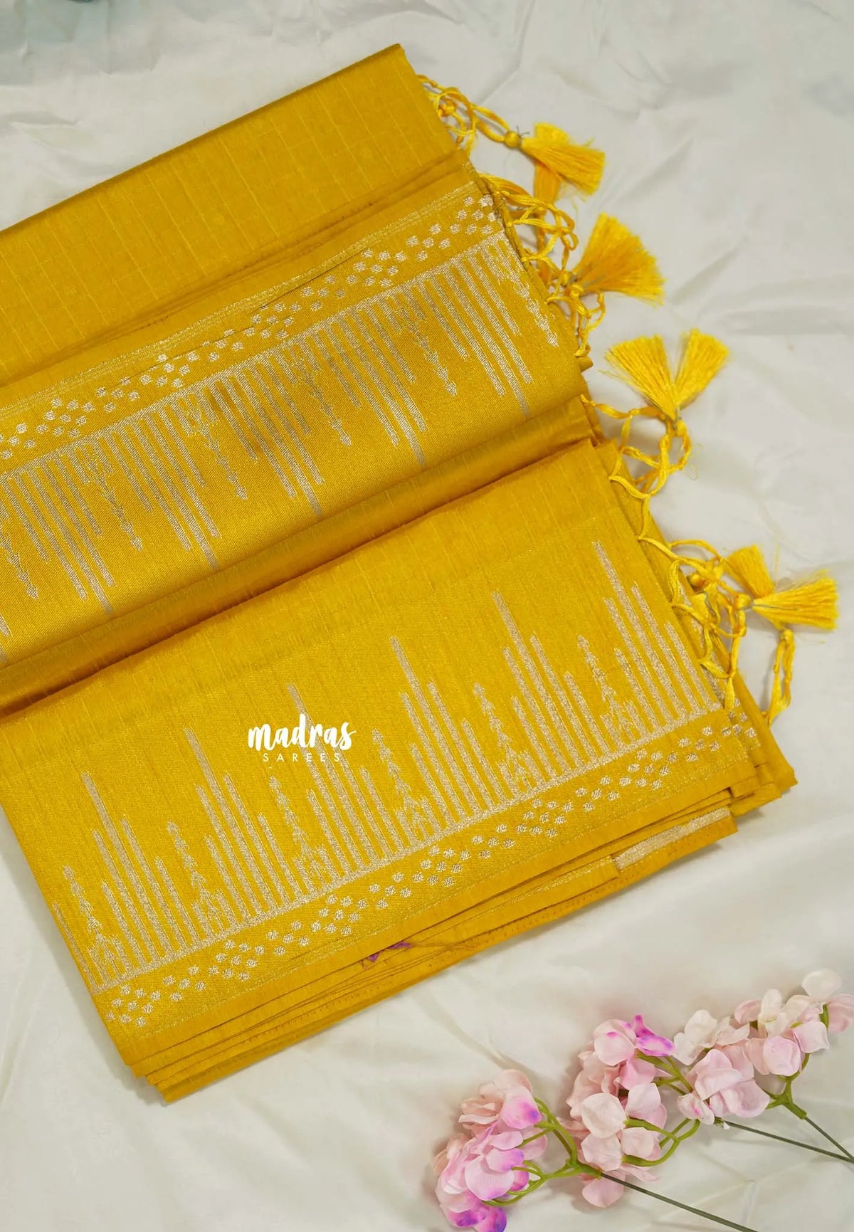 Golden Yellow - Raaga - Raw Mango Tussar Silk with Stripe Temple Border and Piping - Best for Pooja Days