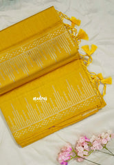 Golden Yellow - Raaga - Raw Mango Tussar Silk with Stripe Temple Border and Piping - Best for Pooja Days