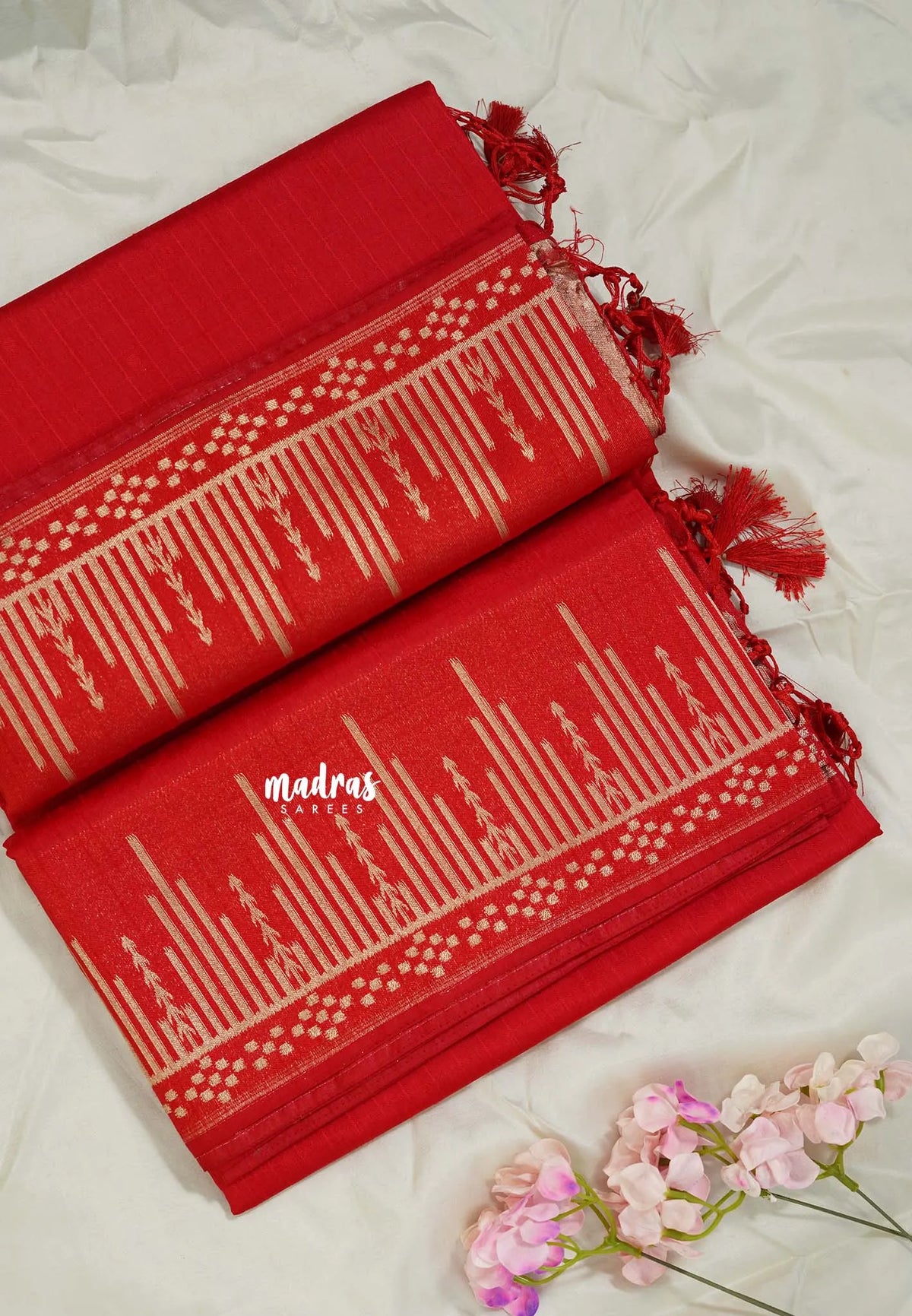 Classic Red - Raaga - Raw Mango Tussar Silk with Stripe Temple Border and Piping - Best for Pooja Days