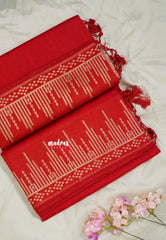 Classic Red - Raaga - Raw Mango Tussar Silk with Stripe Temple Border and Piping - Best for Pooja Days