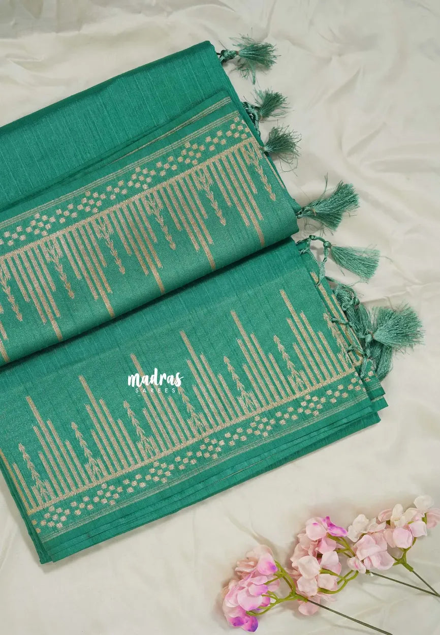 Seafoam Green - Raaga - Raw Mango Tussar Silk with Stripe Temple Border and Piping - Best for Pooja Days