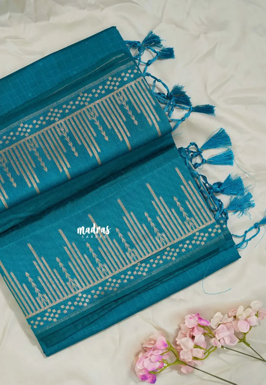 Teal Blue - Raaga - Raw Mango Tussar Silk with Stripe Temple Border and Piping - Best for Pooja Days