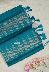 Teal Blue - Raaga - Raw Mango Tussar Silk with Stripe Temple Border and Piping - Best for Pooja Days