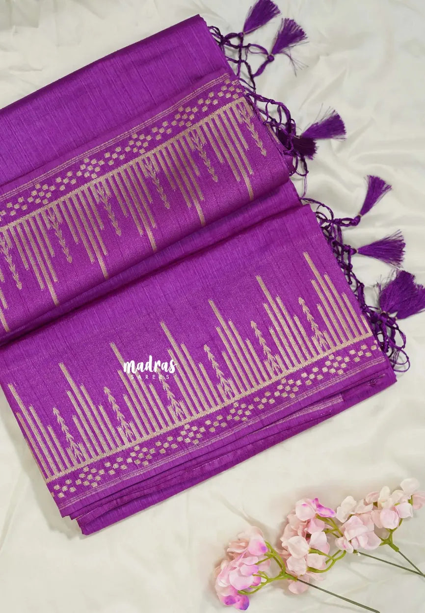 Magenta Purple - Raaga - Raw Mango Tussar Silk with Stripe Temple Border and Piping - Best for Pooja Days