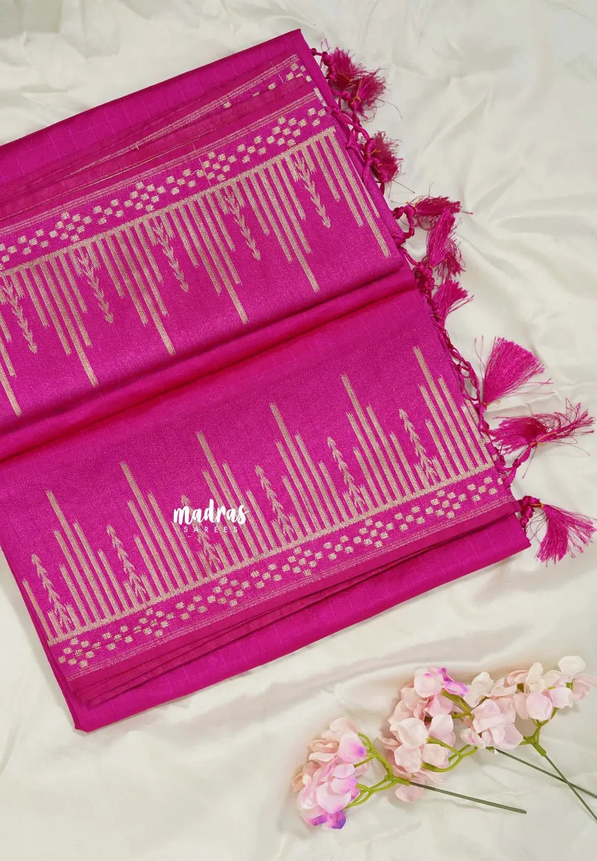 Fuchsia Pink - Raaga - Raw Mango Tussar Silk with Stripe Temple Border and Piping - Best for Pooja Days