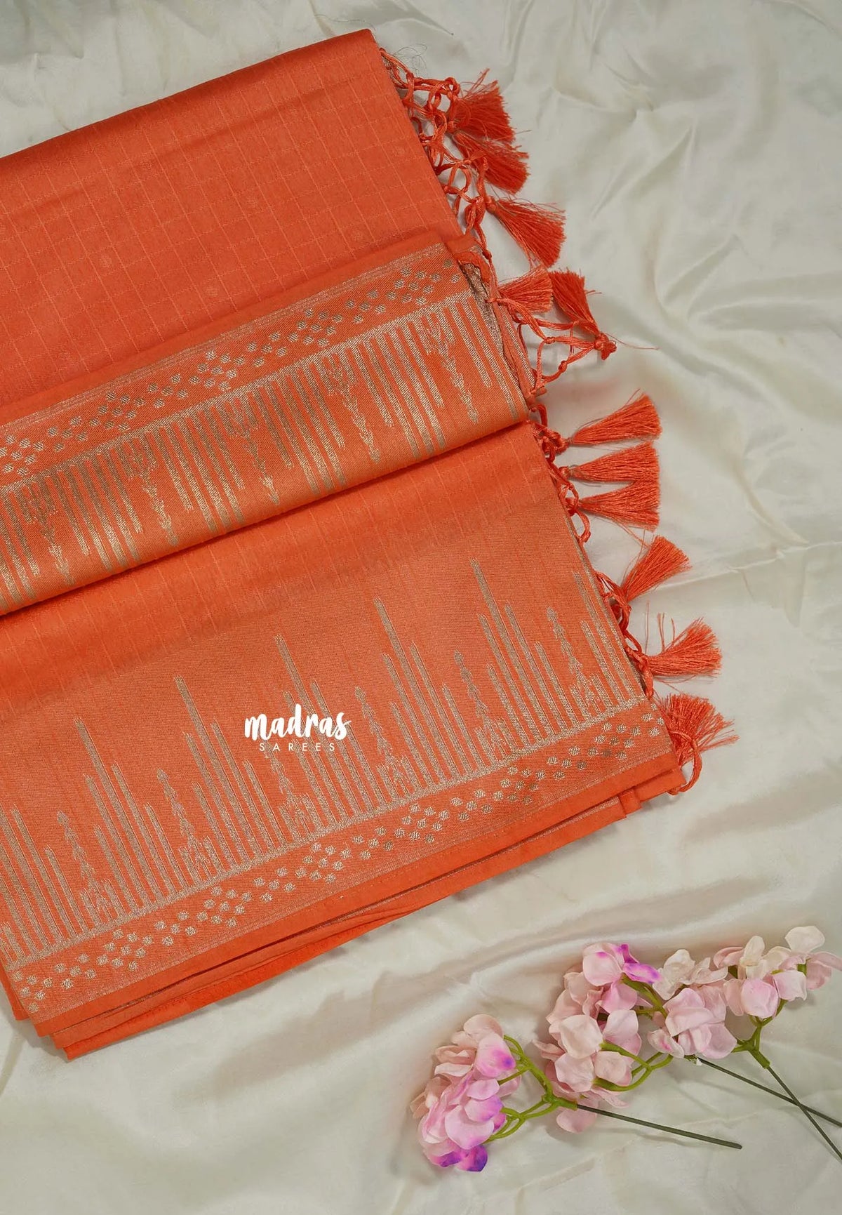 Peach Orange - Raaga - Raw Mango Tussar Silk with Stripe Temple Border and Piping - Best for Pooja Days