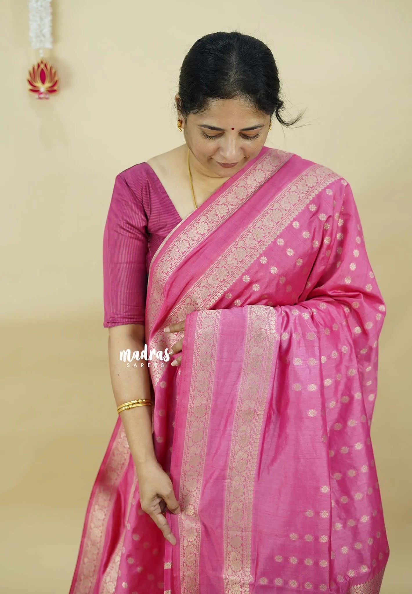 Rose Pink - Raaga - Premium Raw Mango silk saree with Rettabeta Border and Buttas