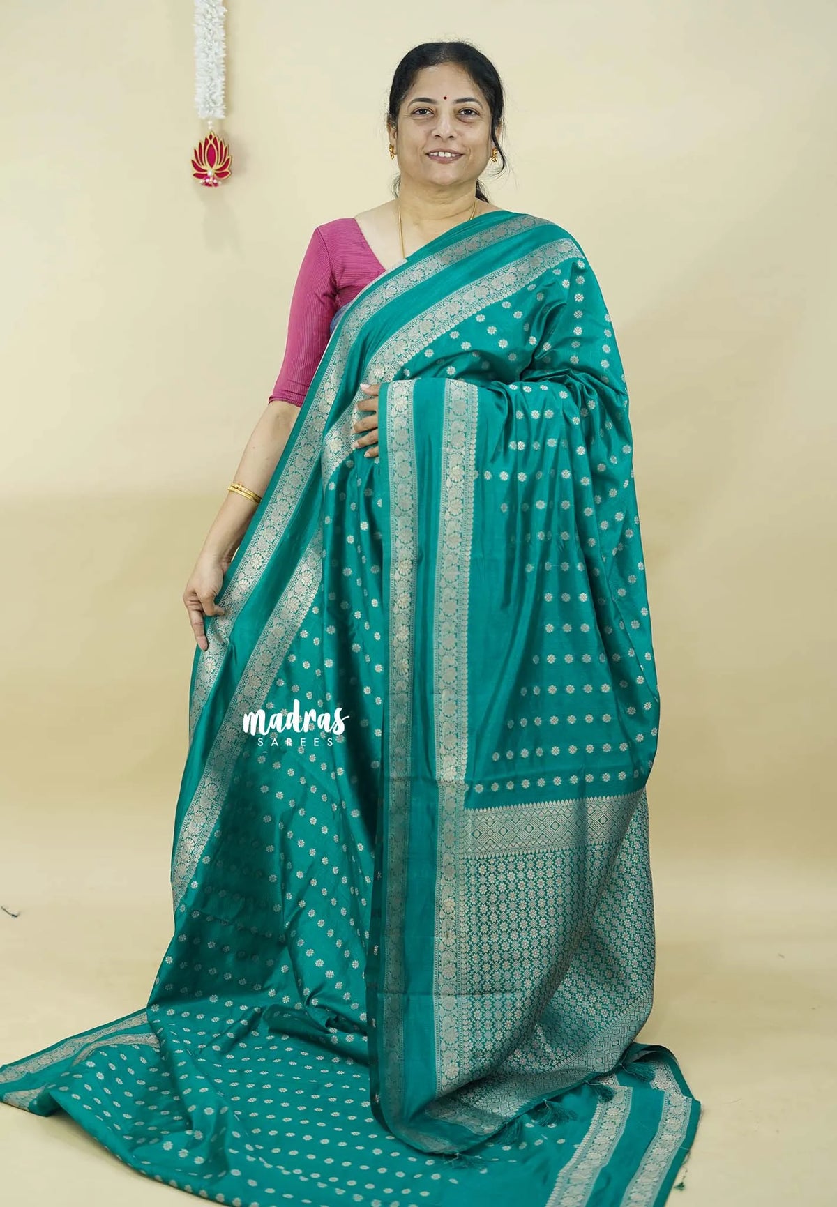 Teal Green- Raaga - Premium Raw Mango silk saree with Rettabeta Border and Buttas
