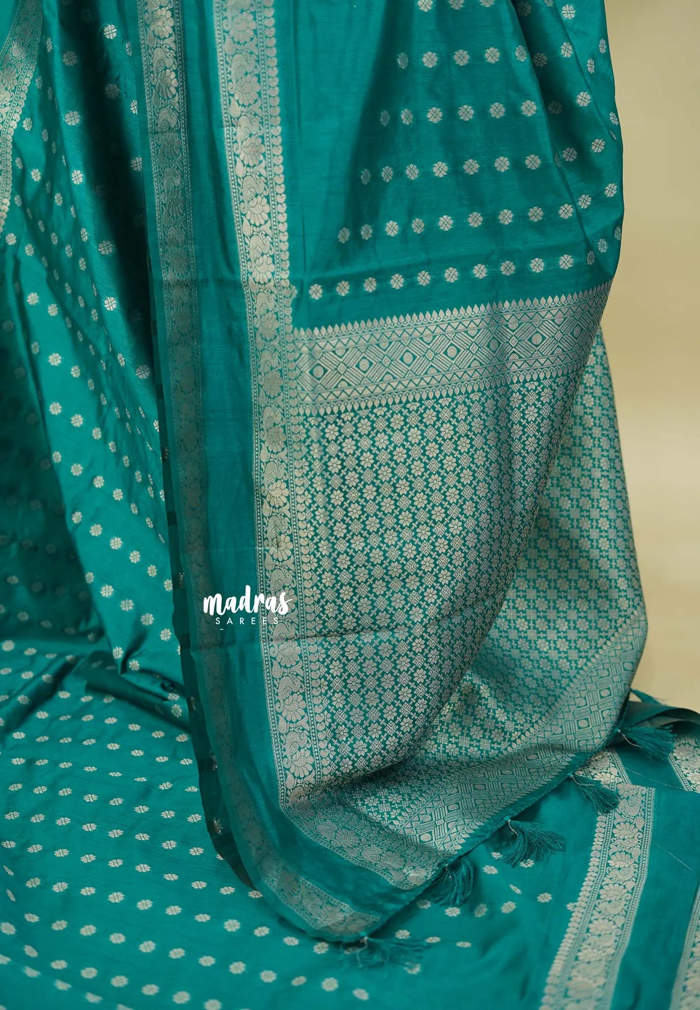 Teal Green- Raaga - Premium Raw Mango silk saree with Rettabeta Border and Buttas
