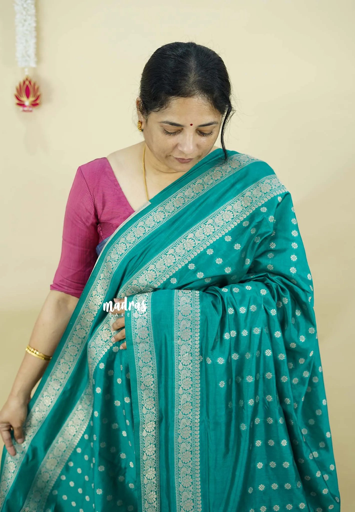 Teal Green- Raaga - Premium Raw Mango silk saree with Rettabeta Border and Buttas