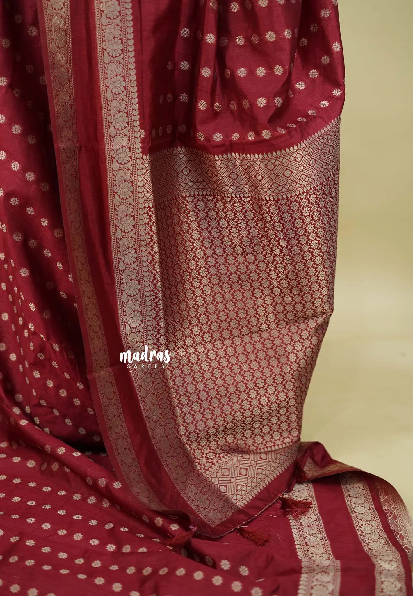 Majestic Maroon - Raaga - Premium Raw Mango silk saree with Rettabeta Border and Buttas