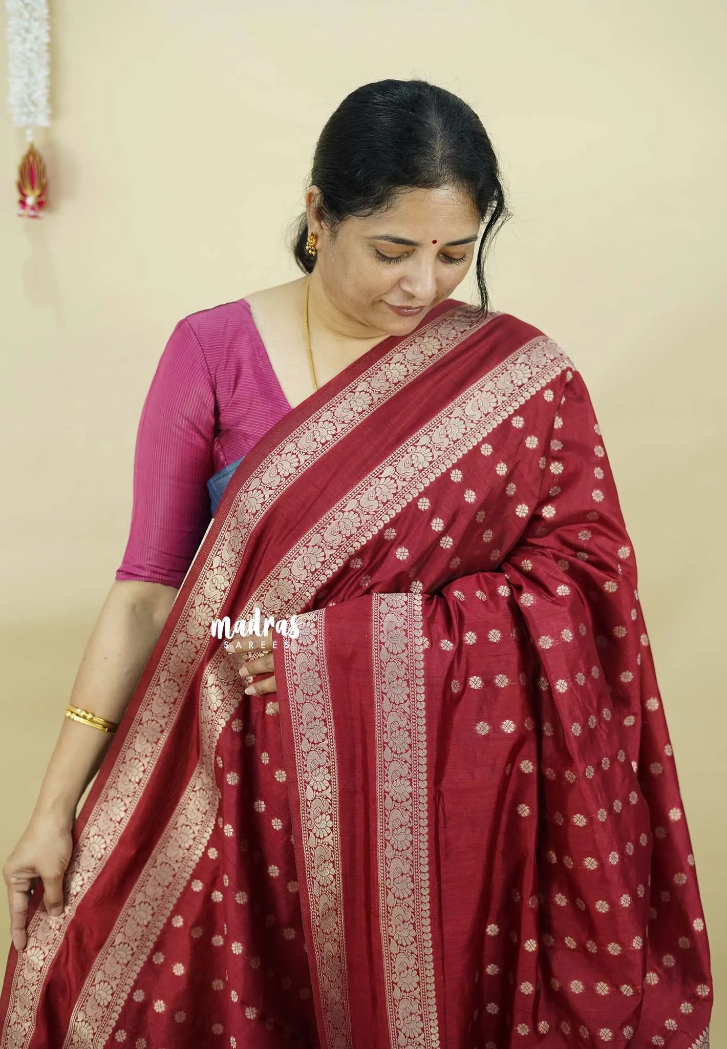Majestic Maroon - Raaga - Premium Raw Mango silk saree with Rettabeta Border and Buttas
