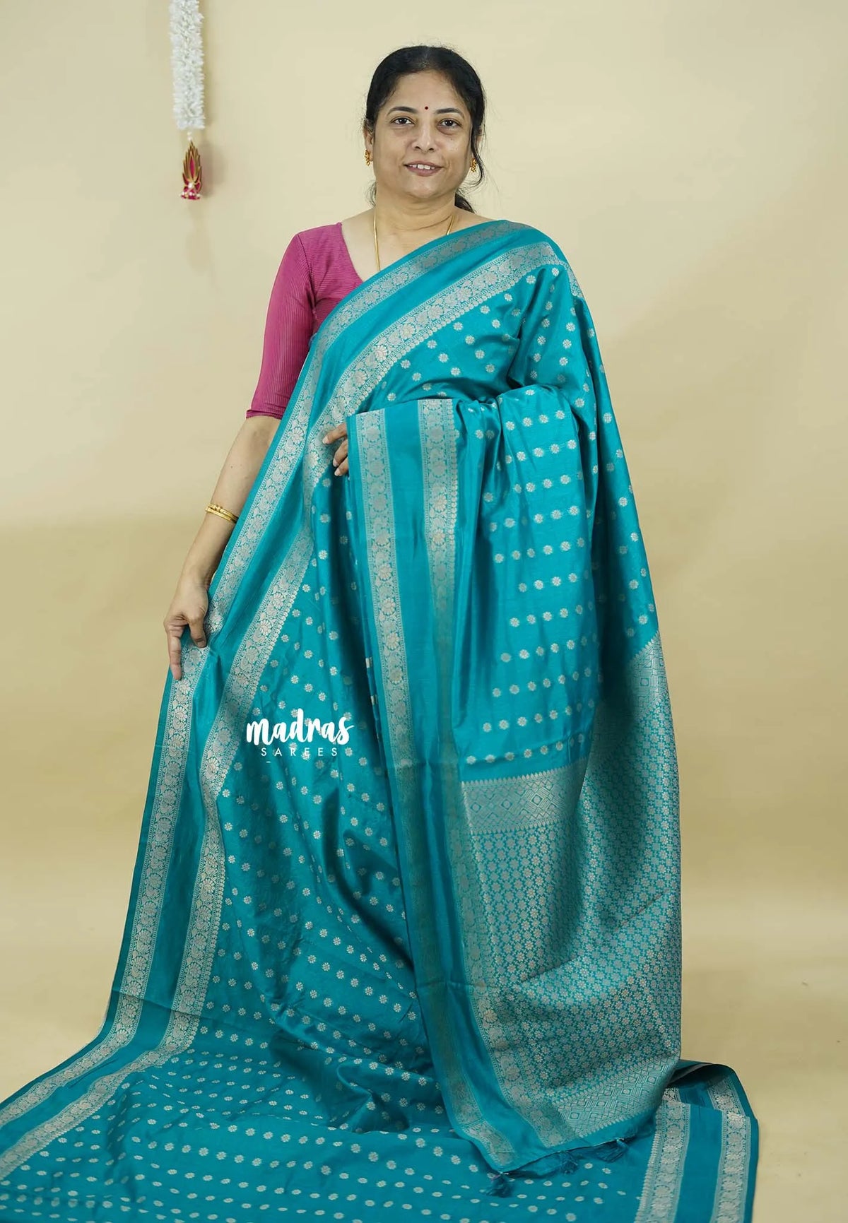 Teal Blue - Raaga - Premium Raw Mango silk saree with Rettabeta Border and Buttas
