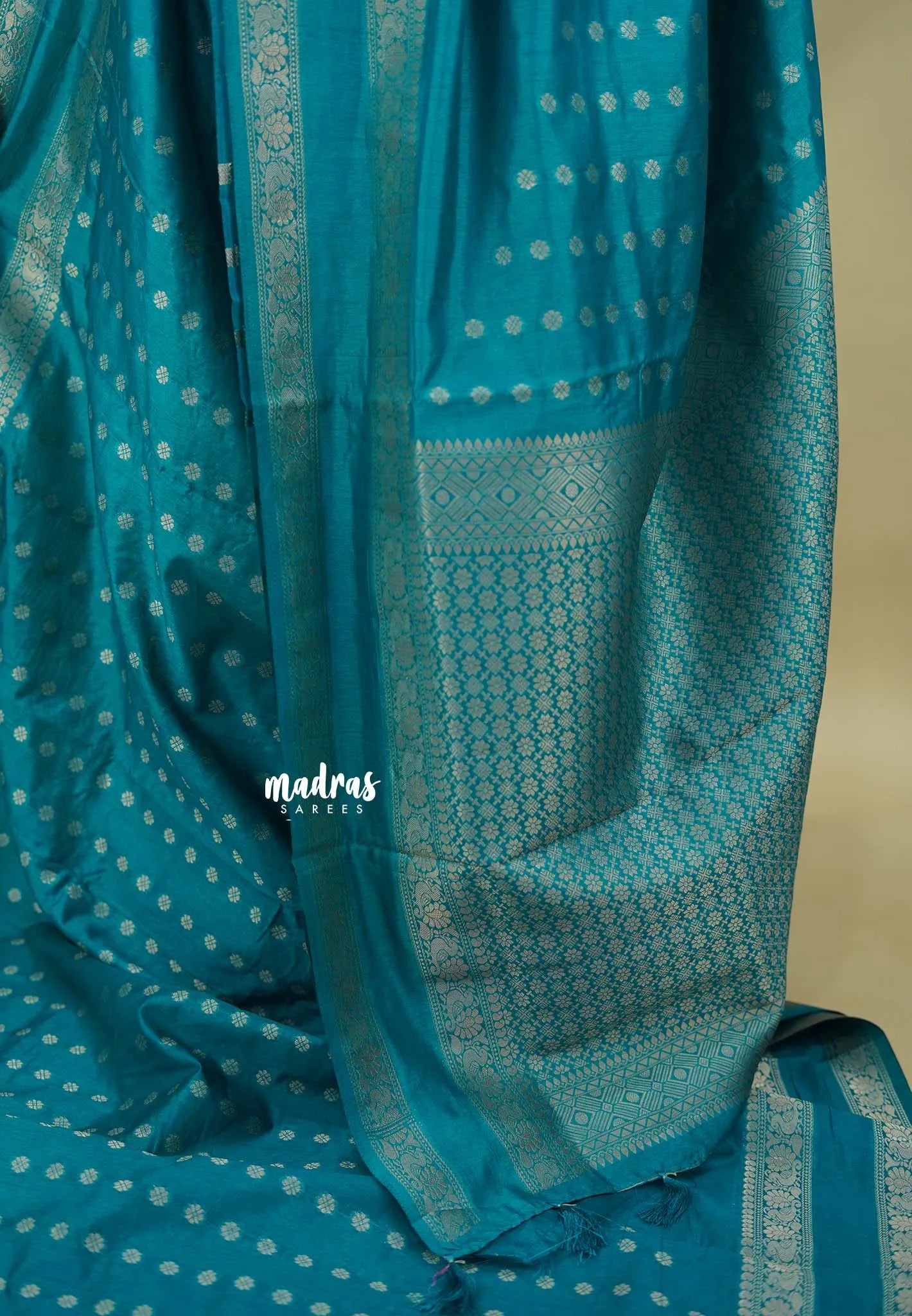 Teal Blue - Raaga - Premium Raw Mango silk saree with Rettabeta Border and Buttas
