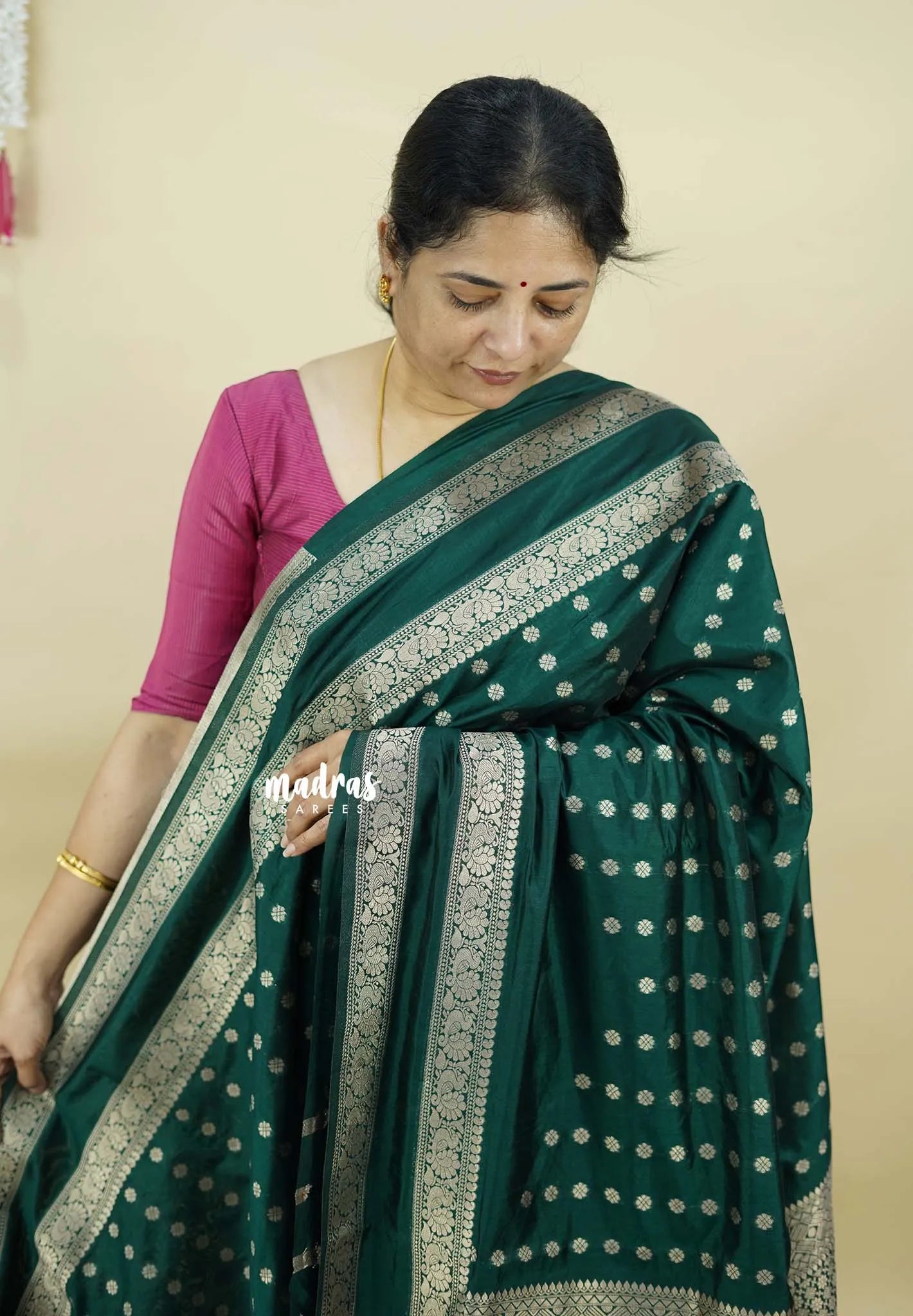 Dark Green - Raaga - Premium Raw Mango silk saree with Rettabeta Border and Buttas