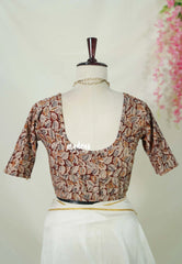 Brick Maroon (Leaf) - Stretchable Fabric = Stress-Free Fit ✨ Lycra Cotton Readymade Kalamkari printed Blouse – Perfect Fit Comfort