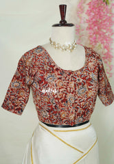Maroon-Red - Stretchable Fabric = Stress-Free Fit ✨ Lycra Cotton Readymade Kalamkari printed Blouse – Perfect Fit Comfort