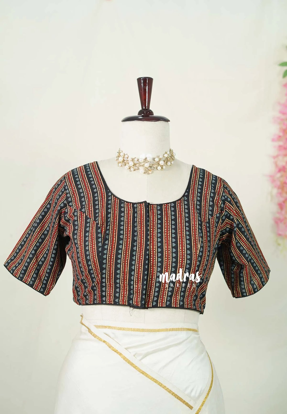 Black - Aazhi - Pure cotton Ajrakh Readymade Stripes pattern Blouse with High Neck | summer friendly | suitable for cotton | Mul cotton sarees