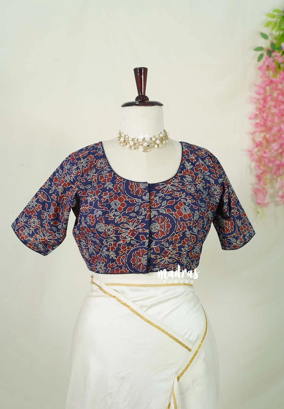 Deep Blue - Aazhi - Pure cotton Ajrakh Readymade Floral Printed Blouse with High Neck | summer friendly | suitable for cotton | Mul cotton sarees