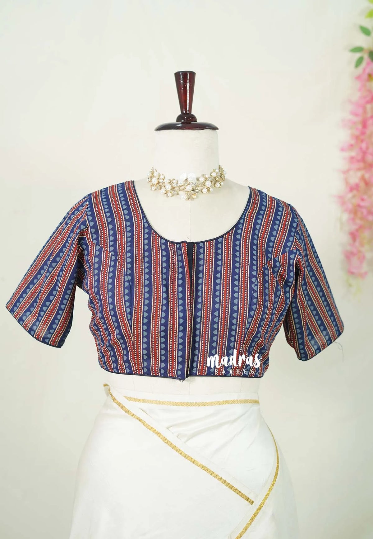 Indigo Blue - Aazhi - Pure cotton Ajrakh Readymade Stripes pattern Blouse with High Neck | summer friendly | suitable for cotton | Mul cotton sarees