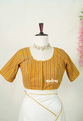 Turmeric Yellow - Aazhi - Pure cotton Ajrakh Readymade Stripes pattern Blouse with High Neck | summer friendly | suitable for cotton | Mul cotton sarees