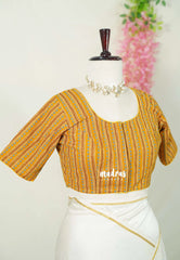 Turmeric Yellow - Aazhi - Pure cotton Ajrakh Readymade Stripes pattern Blouse with High Neck | summer friendly | suitable for cotton | Mul cotton sarees