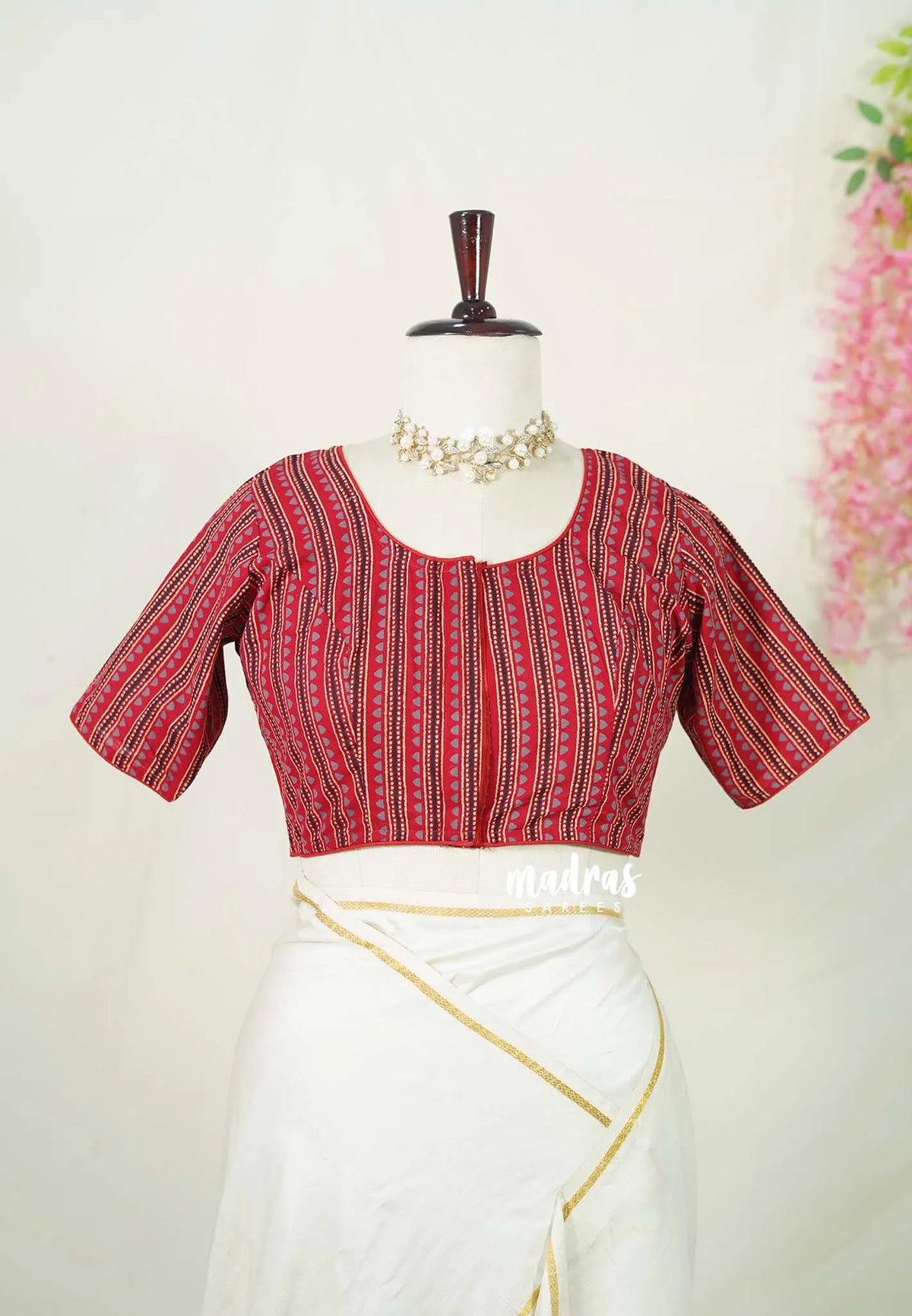Chilli Red - Aazhi - Pure cotton Ajrakh Readymade Stripes pattern Blouse with High Neck | summer friendly | suitable for cotton | Mul cotton sarees
