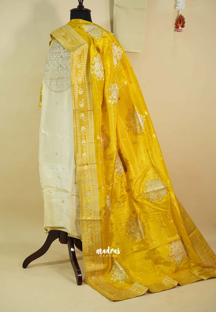 Amitha – Ivory Rich semi silk heavy work yoke with banarasi dupatta