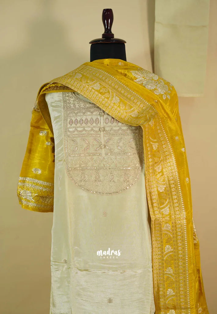 Amitha – Ivory Rich semi silk heavy work yoke with banarasi dupatta