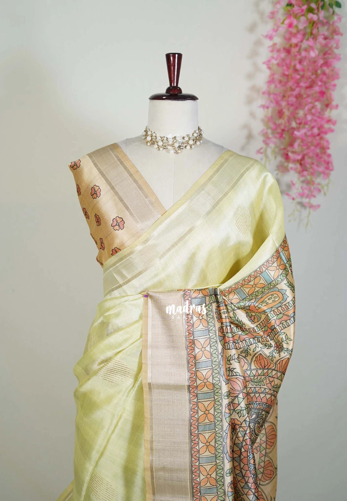 Soft Lime Green - Roopa - Premium Chappa semi Tussar with Madhupani Prints -  Perfect for Small Functions