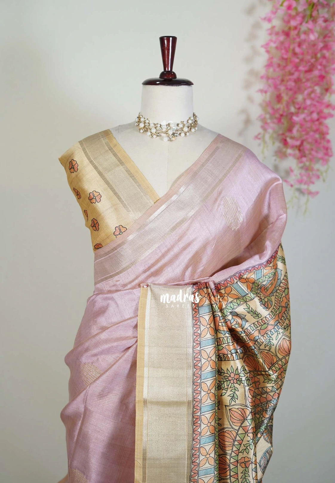 Soft Onion Pink - Roopa - Premium Chappa semi Tussar with Madhupani Prints -  Perfect for Small Functions
