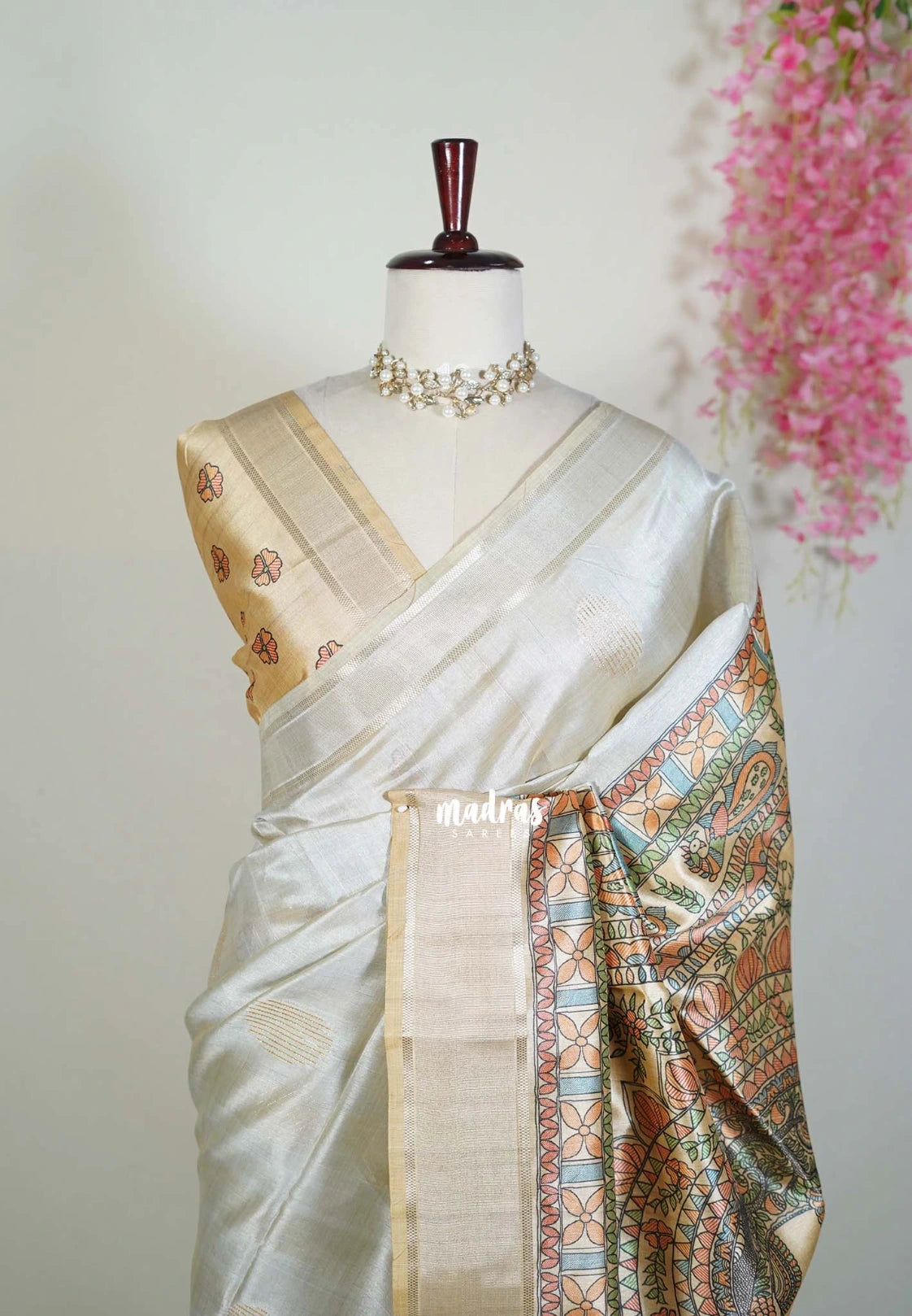 Soft Dove Grey - Roopa - Premium Chappa semi Tussar with Madhupani Prints -  Perfect for Small Functions