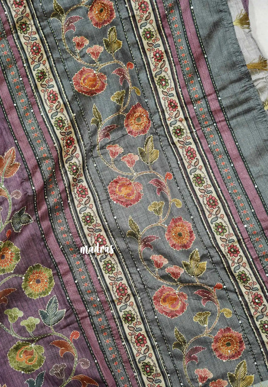 Onion Pink - Roopa - Tussar silk with hand stitched kantha work