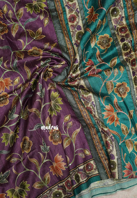 Purple - Roopa - Tussar silk with hand stitched kantha work