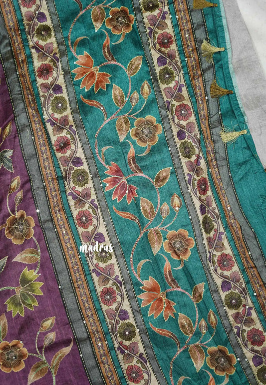 Purple - Roopa - Tussar silk with hand stitched kantha work