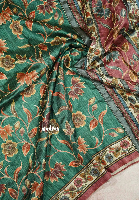 Teal Green - Roopa - Tussar silk with hand stitched kantha work