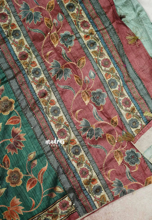 Teal Green - Roopa - Tussar silk with hand stitched kantha work