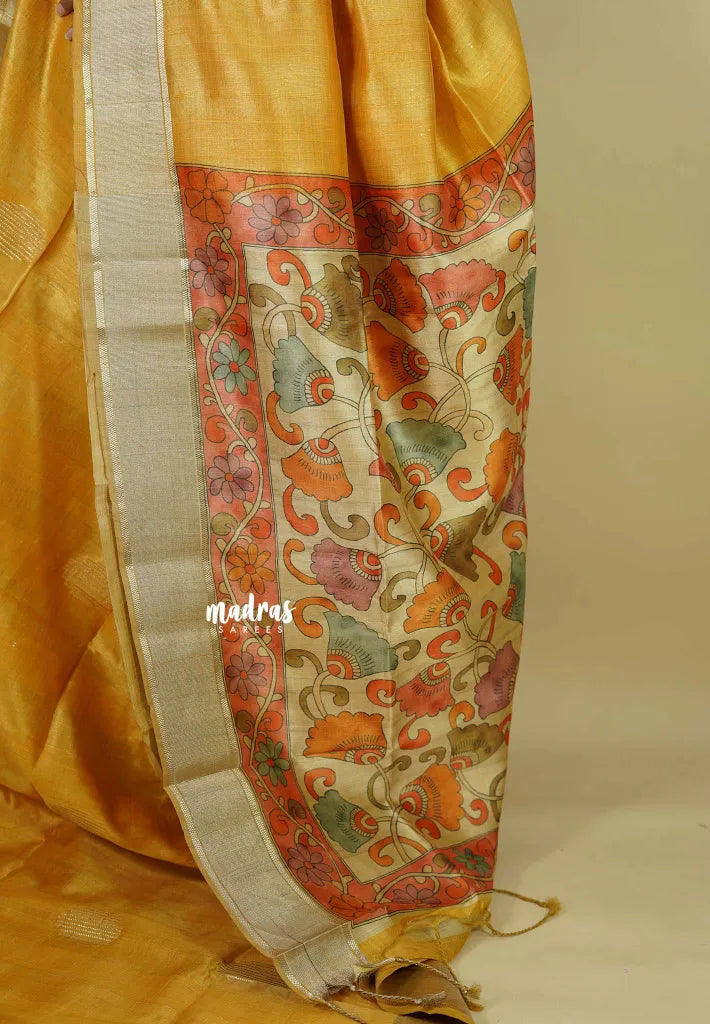 Pastel Mustard Yellow - Roopa  - Semi tussar with kalamkari pallu