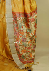 Pastel Mustard Yellow - Roopa  - Semi tussar with kalamkari pallu