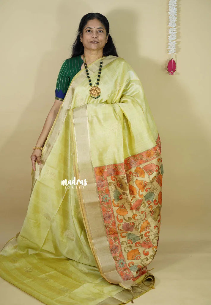 Pastel Lime Green - Roopa  - Semi tussar with kalamkari pallu
