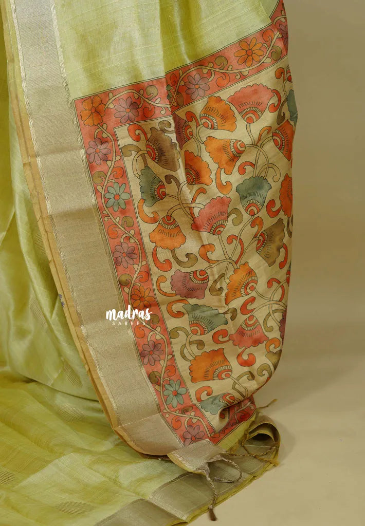 Pastel Lime Green - Roopa  - Semi tussar with kalamkari pallu