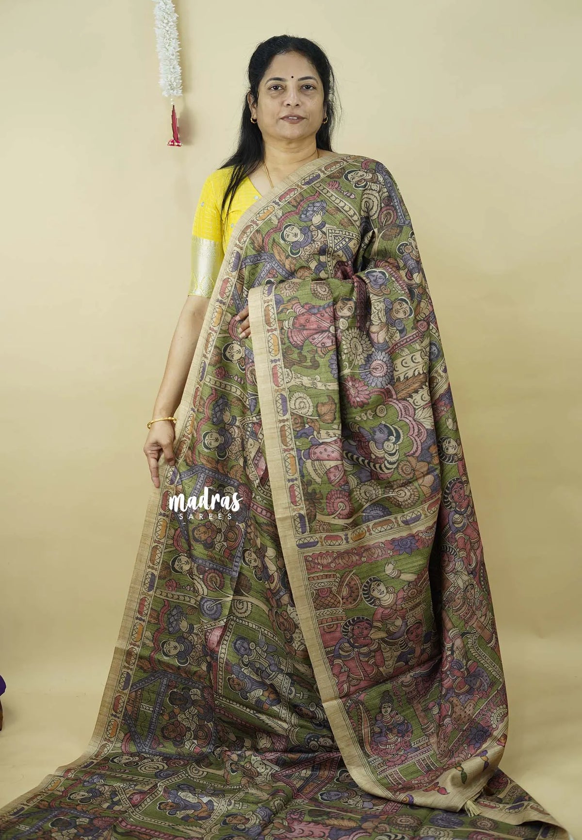 Olive Green - Roopa  - Premium Tussar Silk with Kalamkari Depiction