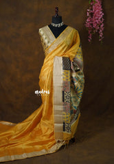 Pastel Mustard Yellow - Roopa  - Semi tussar with Indian Art pallu - Perfect for Small Functions