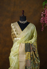 Pastel Lime Green - Roopa  - Semi tussar with Indian Art pallu - Perfect for Small Functions