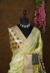Pastel Lime Green - Roopa  - Semi tussar with Indian Art pallu - Perfect for Small Functions