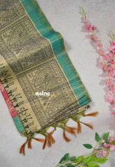 Sandal Beige with Teal - Roopa - Premium Chappa semi Tussar Tissue Blend with Warli Prints -  Perfect for Small Functions